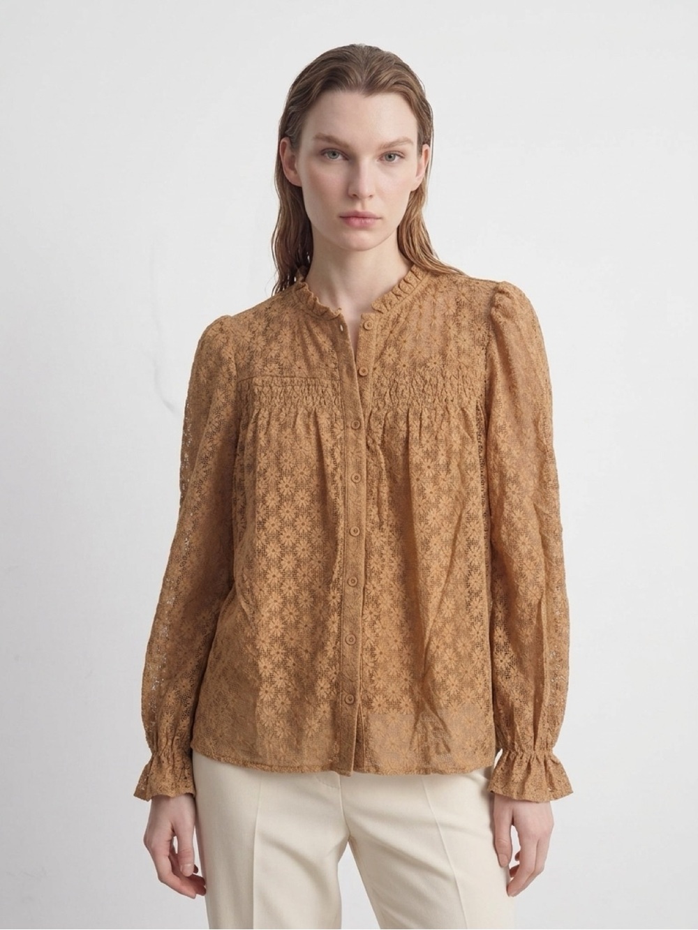 NWT PrettyGarden Lace Button-Front Blouse in Brownish Tan size large